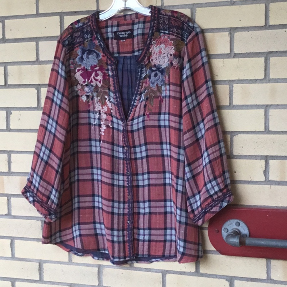 Johnny Was Workshop, Double Faced Cotton Gauze, Plaid, Button Down Shirt